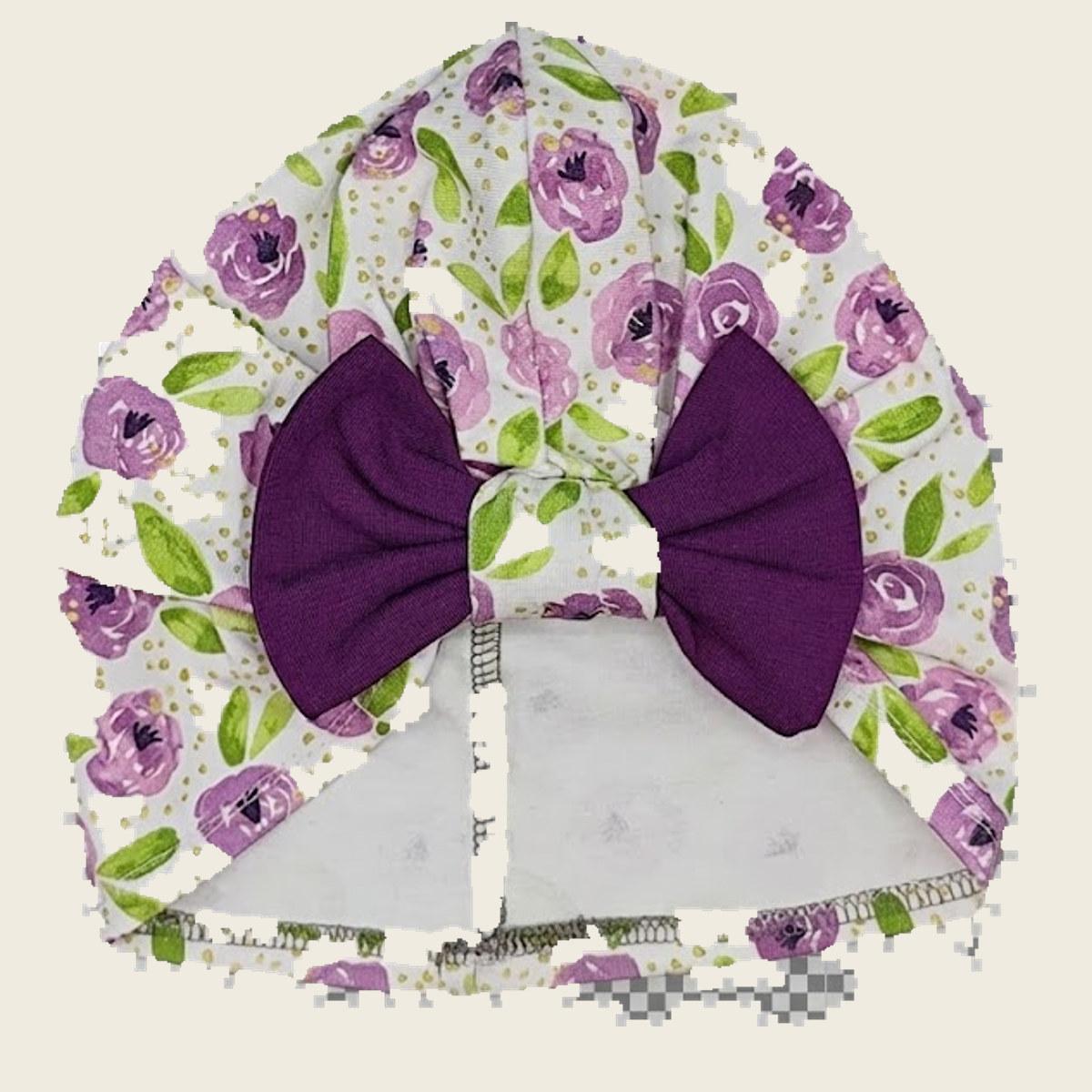 Turban-Mütze "Rosen" lila mit Schleife